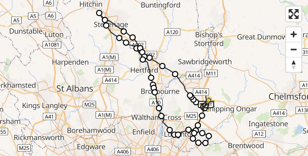 Flight path map showing Police Helicopter route from North Weald Airfield to North Weald Airfield
