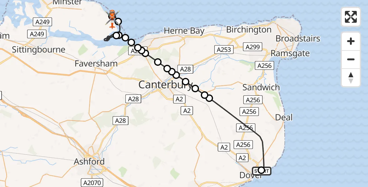 Flight path map showing Coastguard Helicopter route from Langdon Battery Heliport to Leysdown-on-Sea