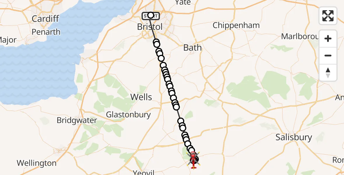 Flight path map showing Air Ambulance Helicopter route from Southmead Hospital to Henstridge Airfield