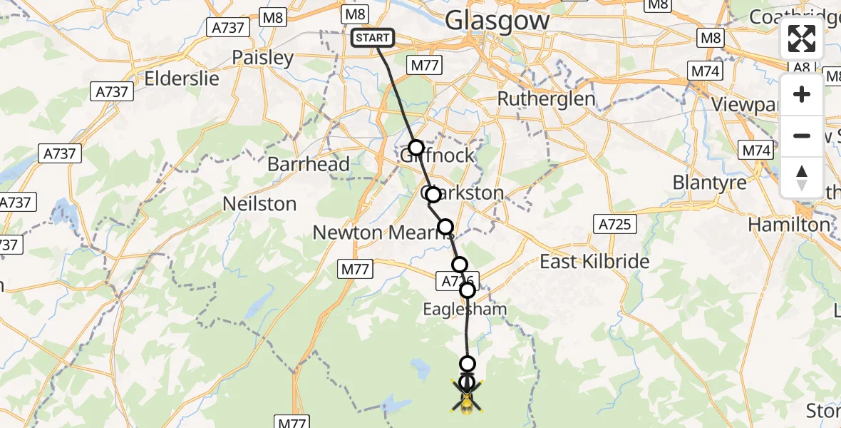 Flight path map showing Police Helicopter route from Glasgow to Eaglesham