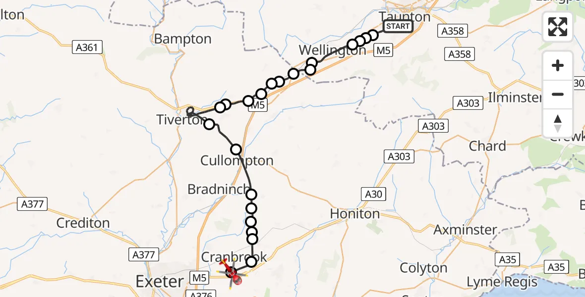 Flight path map showing Air Ambulance Helicopter route from Taunton to Exeter International Airport