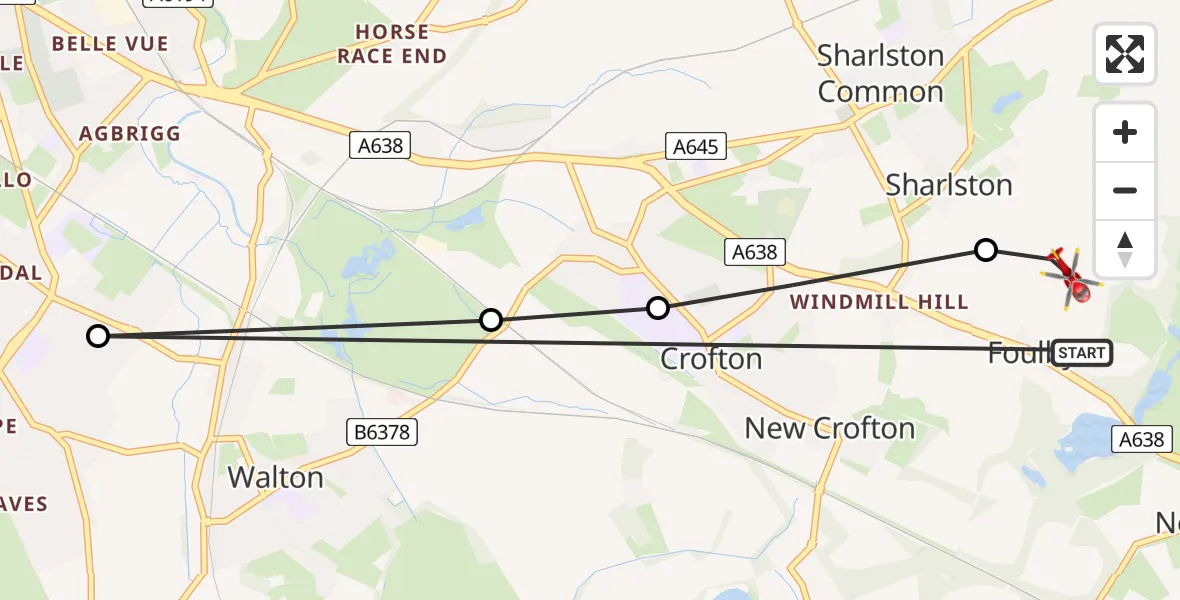 Flight path map showing Air Ambulance Helicopter route from YAA Nostell Helicopter Port to YAA Nostell Helicopter Port