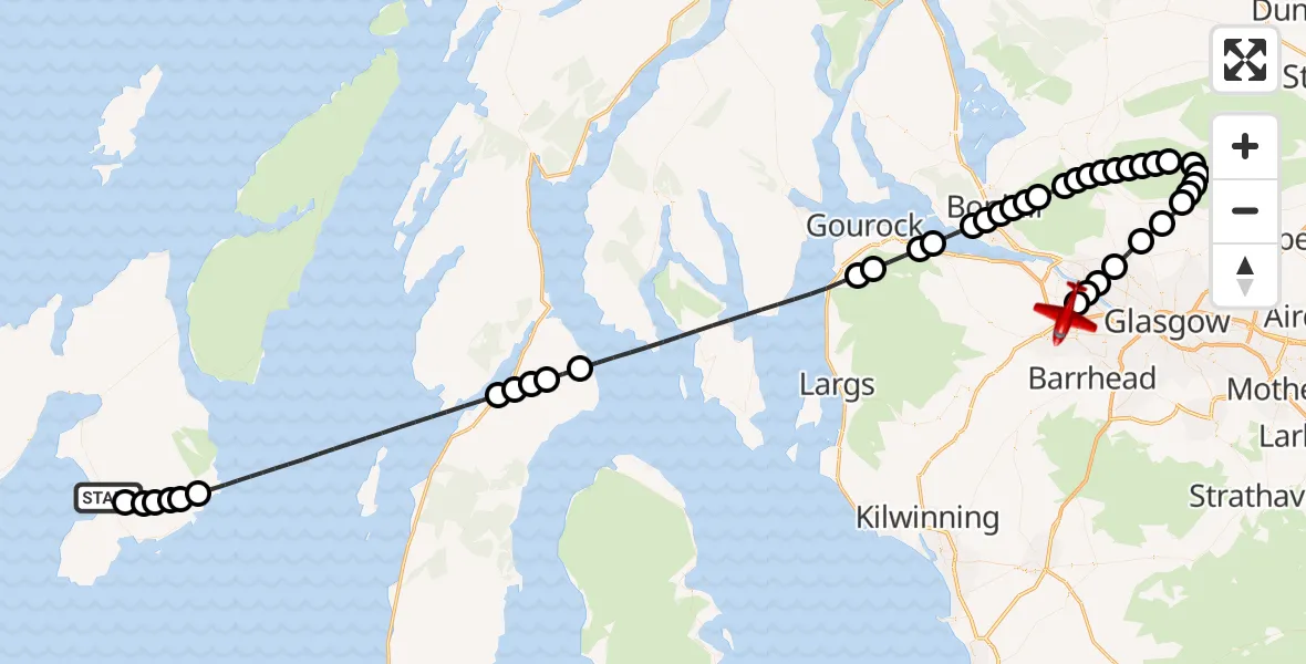 Flight path map showing Air Ambulance Aircraft route from Glenegedale to Glasgow Airport