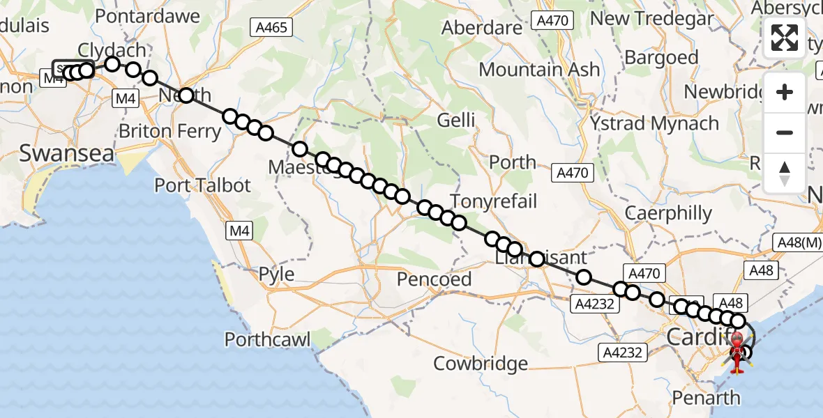 Flight path map showing Air Ambulance Helicopter route from Morriston Hospital Helipad to Cardiff Heliport