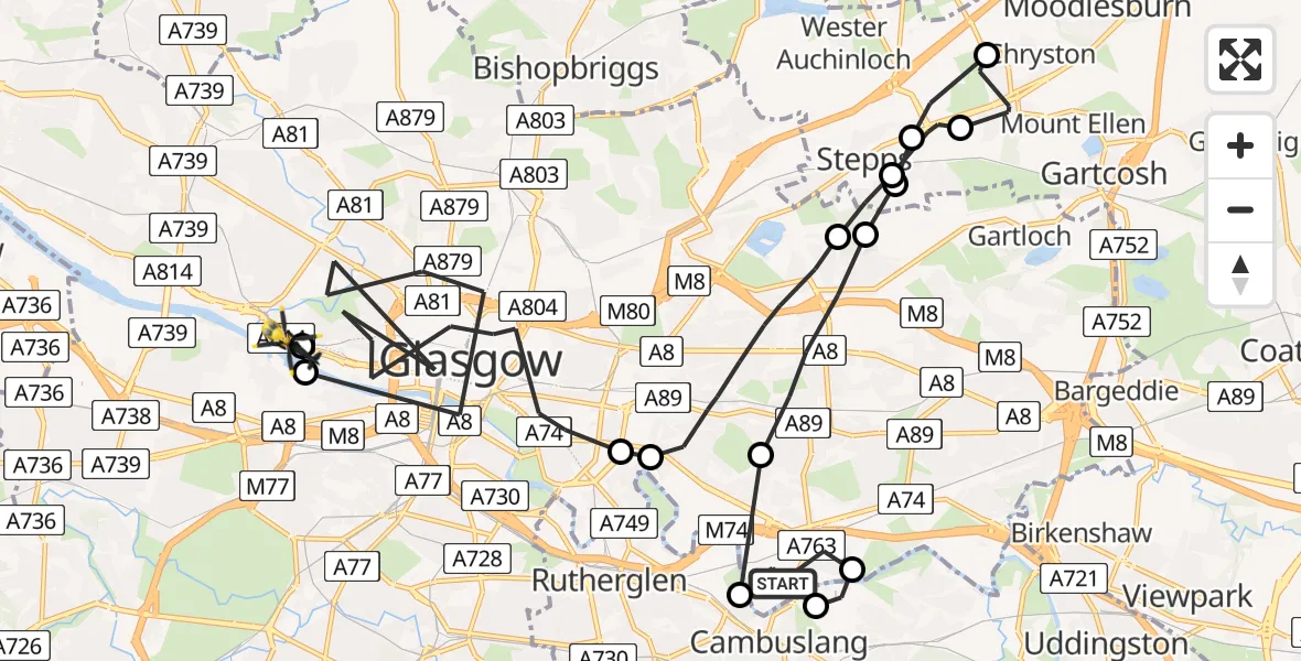 Flight path map showing Police Helicopter route from Glasgow to Glasgow City Heliport