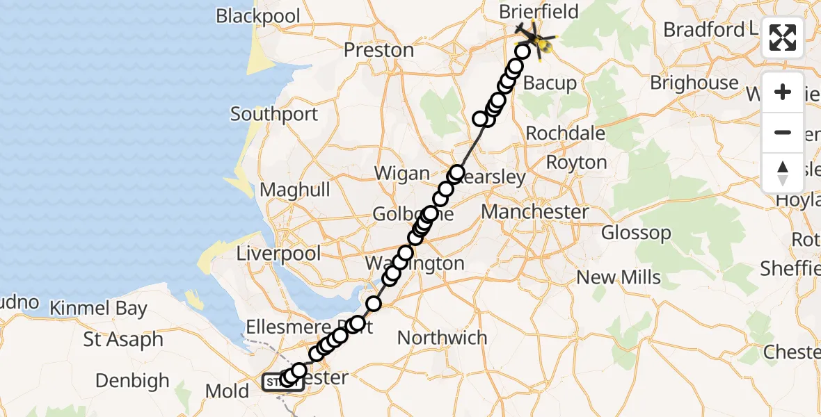 Flight path map showing Police Helicopter route from Hawarden Airport to Burnley