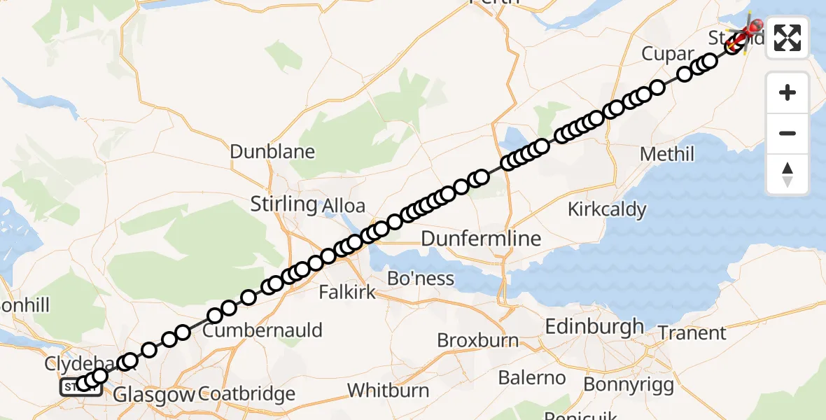 Flight path map showing Air Ambulance Helicopter route from Glasgow Airport to St Andrews
