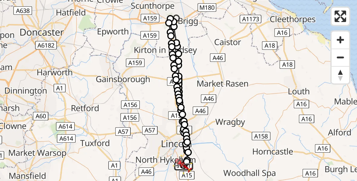 Flight path map showing Air Ambulance Helicopter route from RAF Waddington to North Kesteven