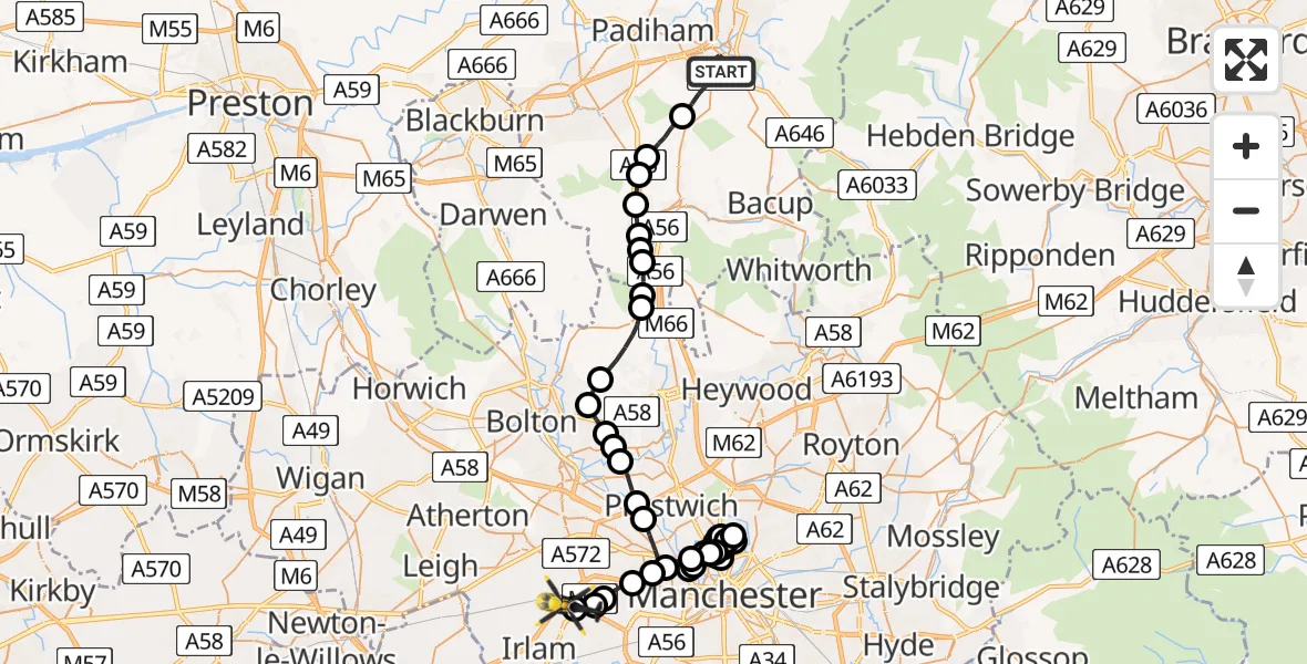 Flight path map showing Police Helicopter route from Burnley to Manchester Barton Aerodrome