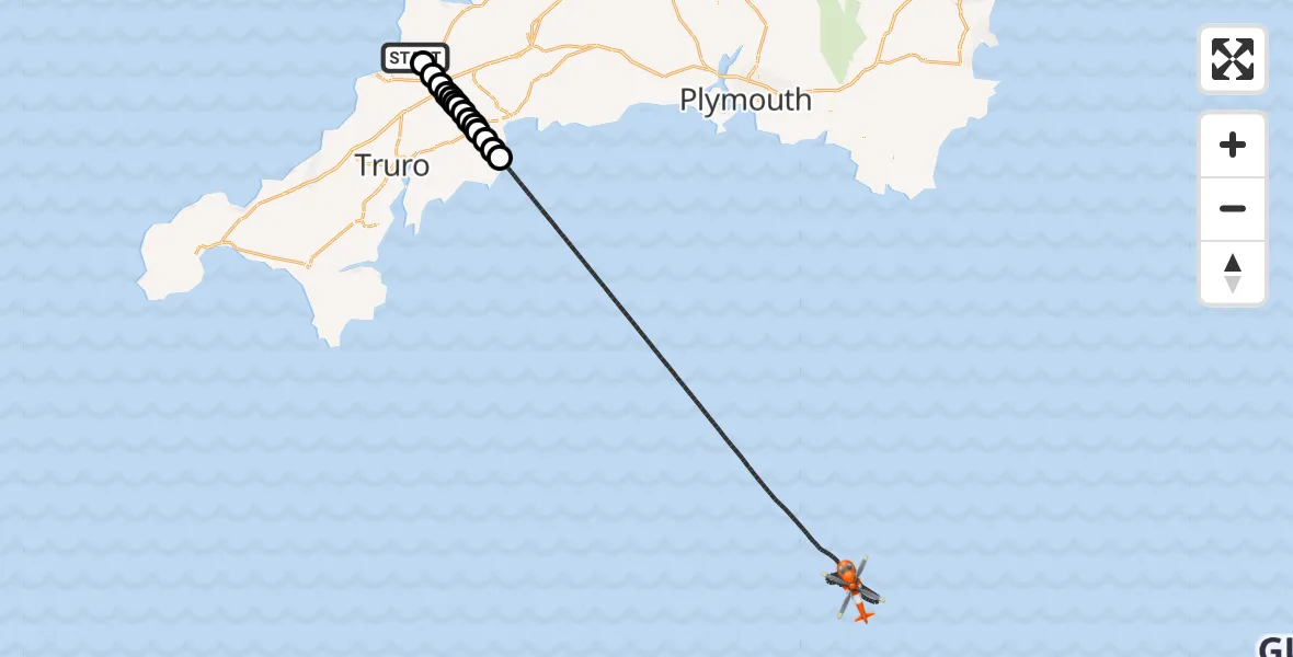Flight path map showing Coastguard Helicopter route from Cornwall Airport Newquay to English Channel