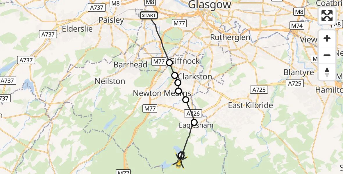 Flight path map showing Police Helicopter route from Glasgow to East Renfrewshire