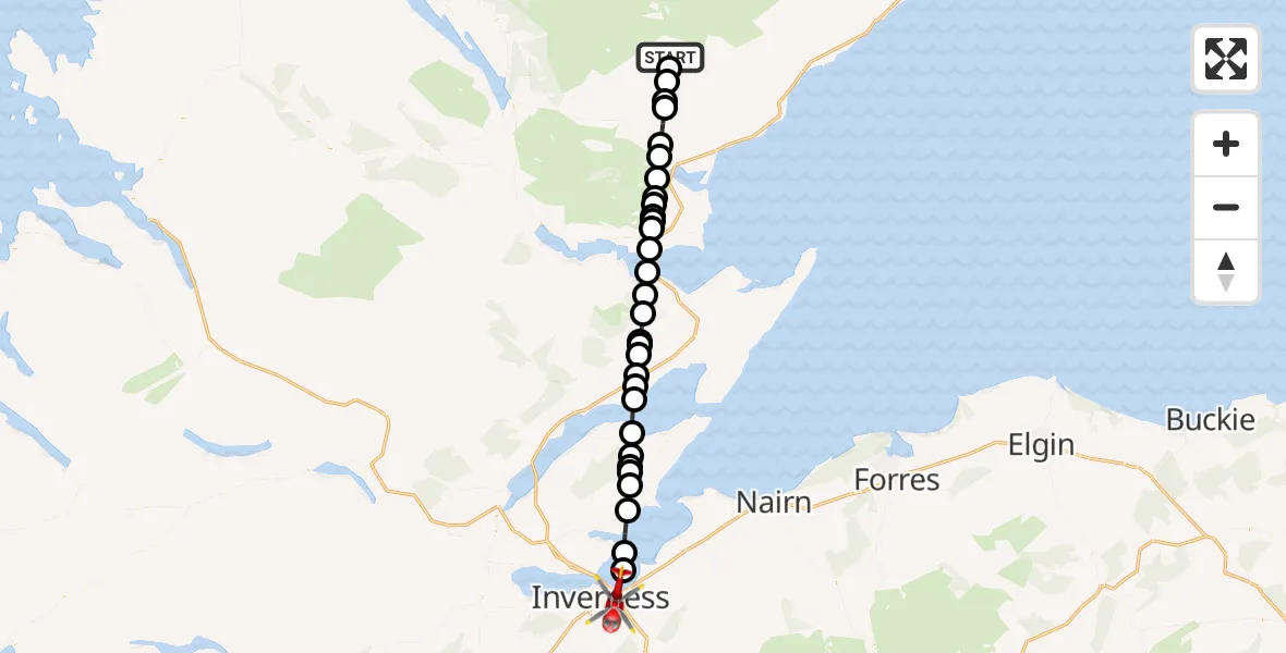 Flight path map showing Air Ambulance Helicopter route from Rogart to Inverness