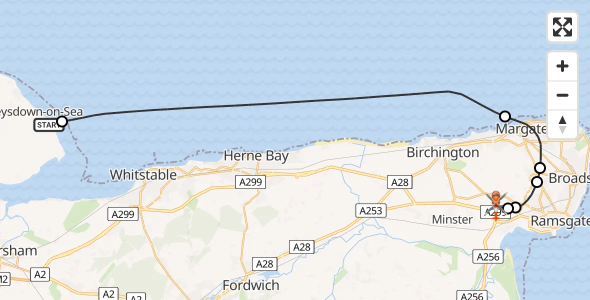 Flight path map showing Coastguard Helicopter route from Leysdown-on-Sea to Manston Airport