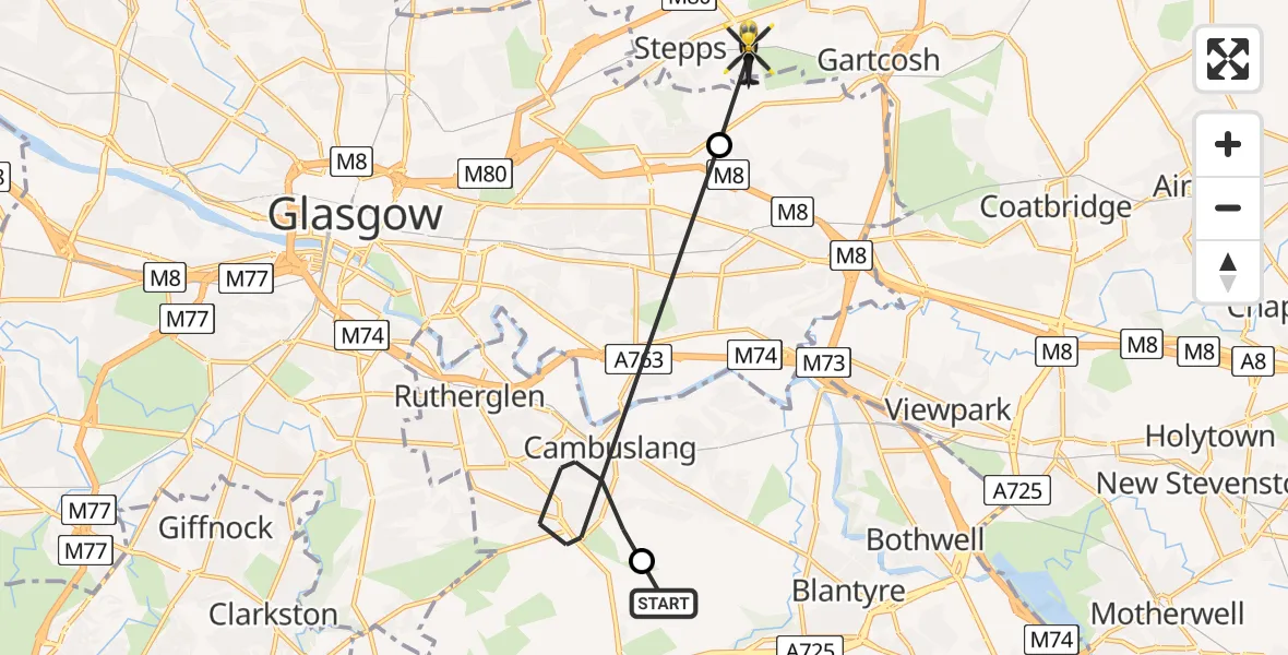 Flight path map showing Police Helicopter route from Nerston Village to Stepps