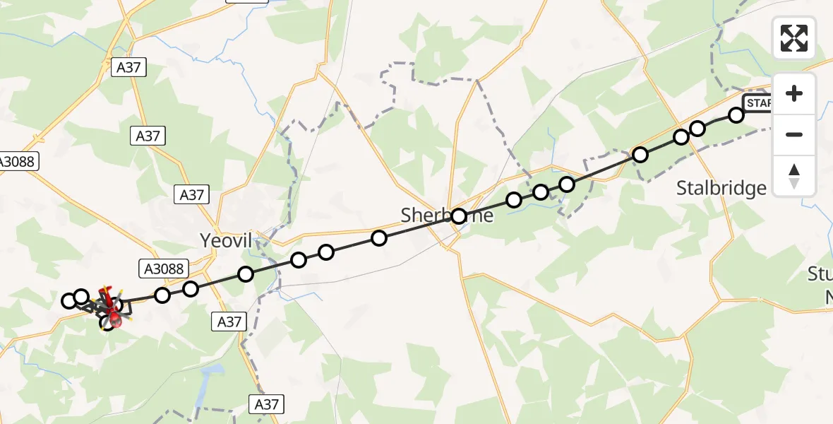 Flight path map showing Air Ambulance Helicopter route from Henstridge Airfield to West Coker