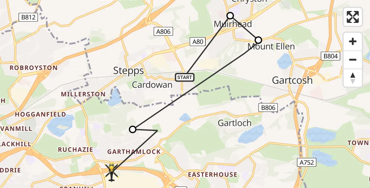 Flight path map showing Police Helicopter route from Stepps to Glasgow