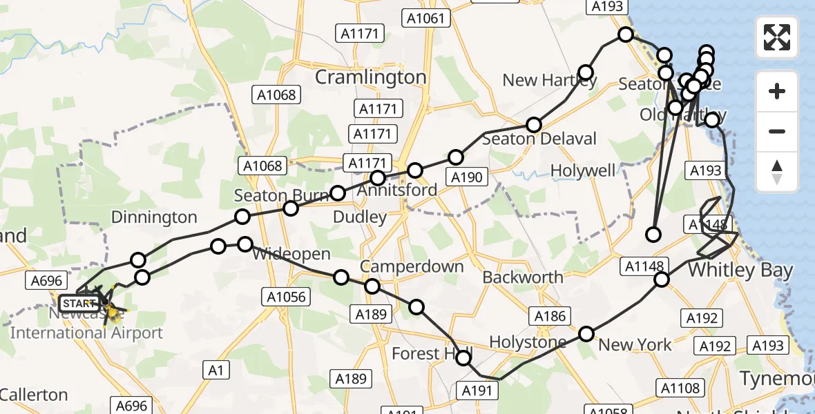 Flight path map showing Police Helicopter route from Newcastle International Airport to Newcastle International Airport