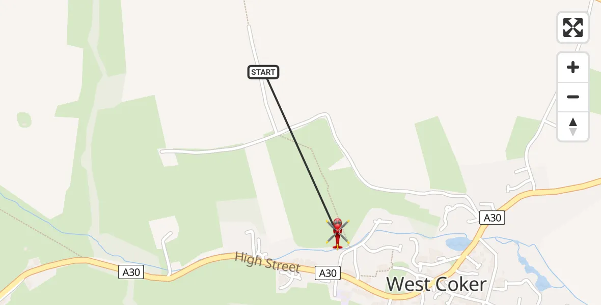 Flight path map showing Air Ambulance Helicopter route from West Coker to West Coker