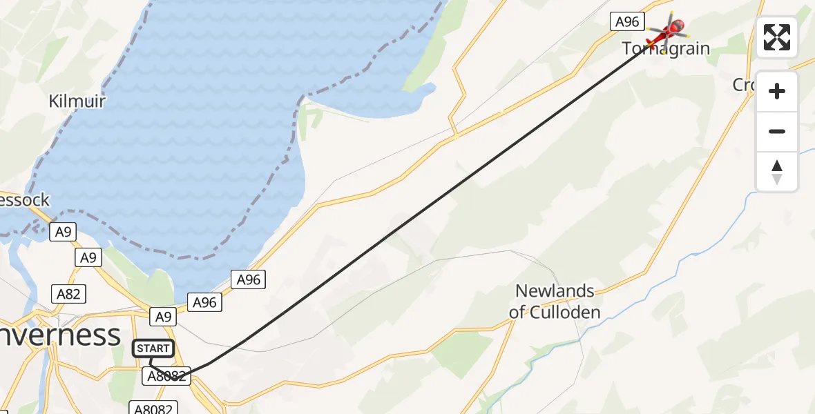 Flight path map showing Air Ambulance Helicopter route from Inverness to Tornagrain