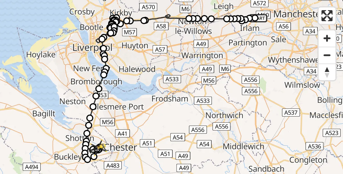 Flight path map showing Police Helicopter route from Manchester Barton Aerodrome to Hawarden Airport