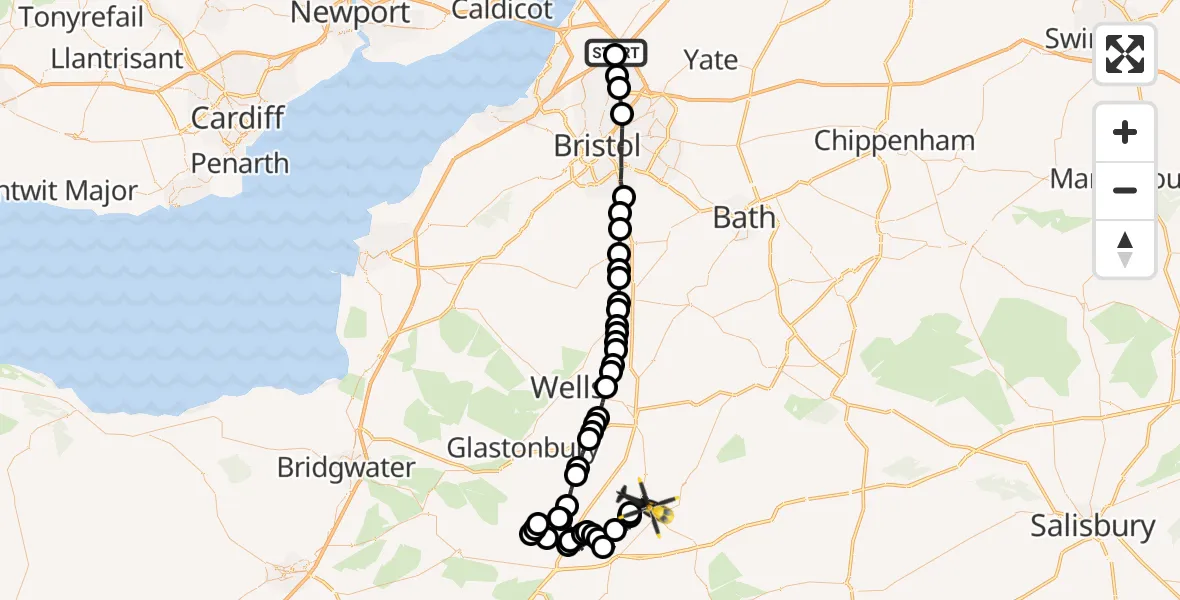 Flight path map showing Police Helicopter route from Almondsbury Helicopter Base to Castle Cary