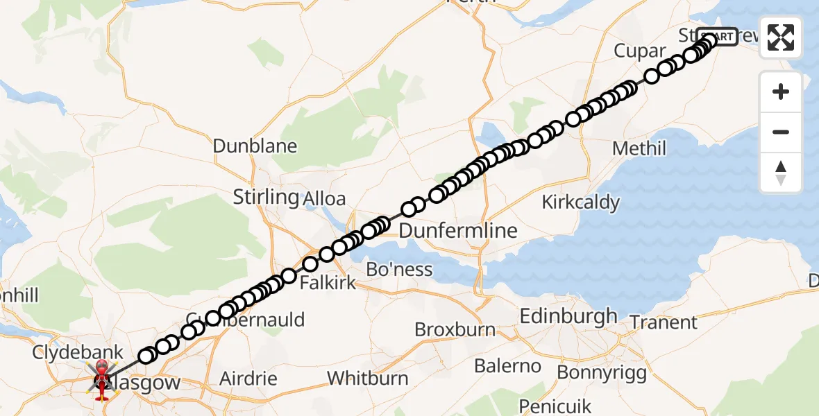 Flight path map showing Air Ambulance Helicopter route from St Andrews to Queen Elizabeth Hospital