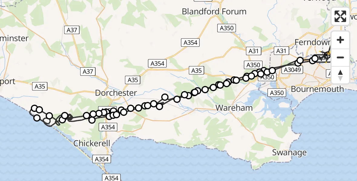 Flight path map showing Police Helicopter route from Parley Cross to Bournemouth Airport