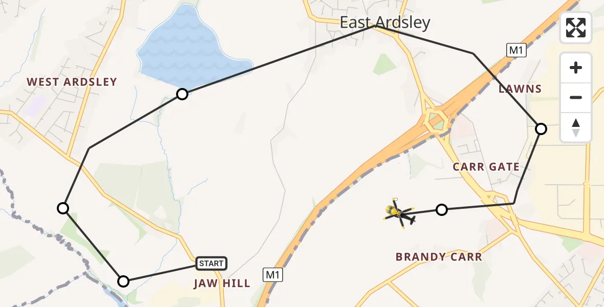 Flight path map showing Police Helicopter route from Woodkirk to Wrenthorpe