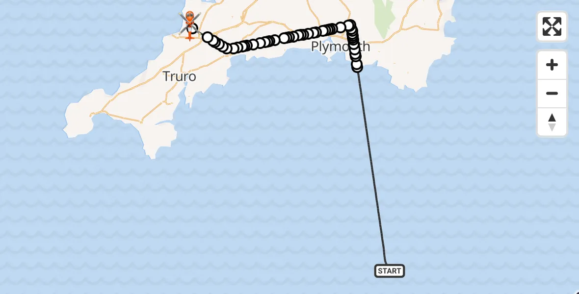 Flight path map showing Coastguard Helicopter route from English Channel to Cornwall Airport Newquay