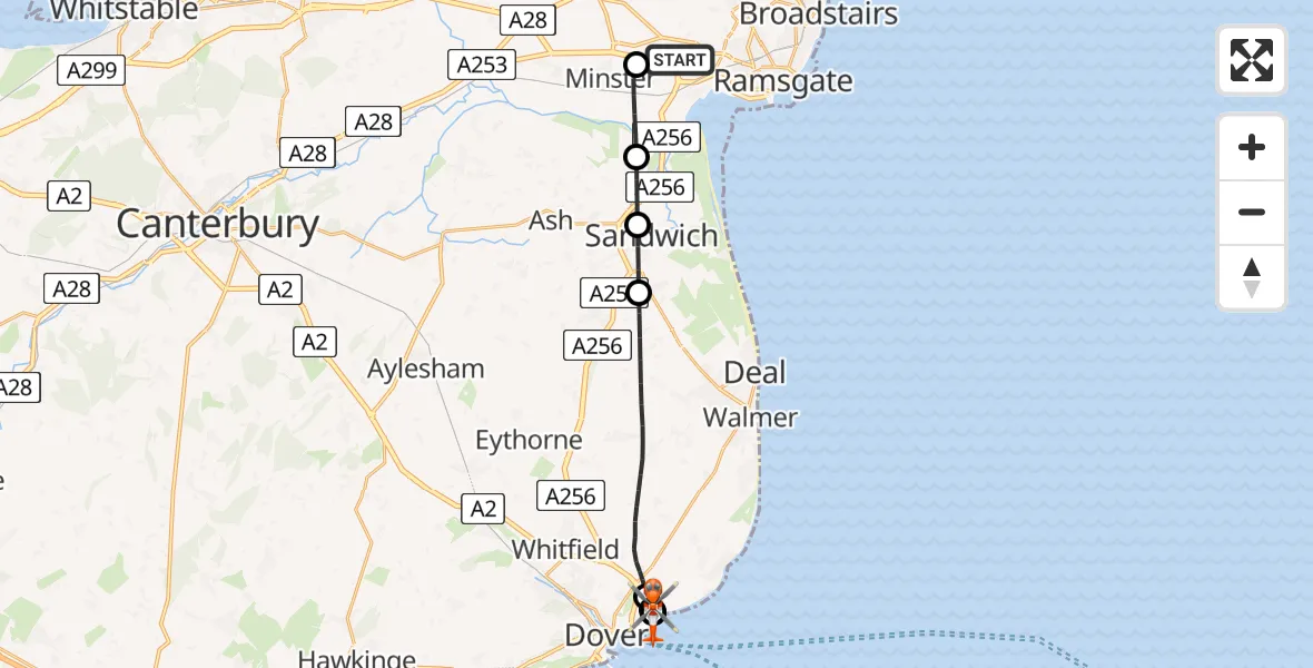 Flight path map showing Coastguard Helicopter route from Manston Airport to Langdon Battery Heliport