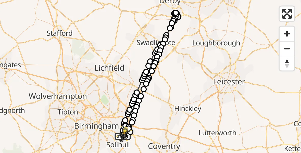 Flight path map showing Police Helicopter route from Birmingham Airport to Birmingham Airport