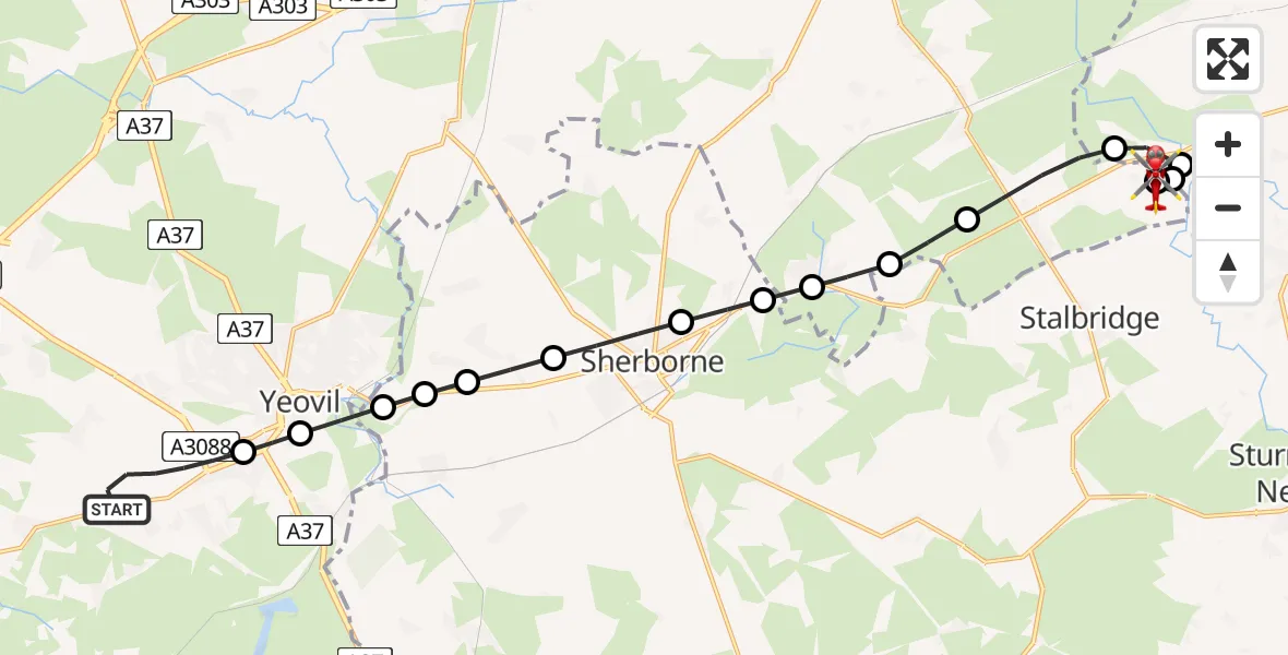 Flight path map showing Air Ambulance Helicopter route from West Coker to Henstridge Airfield