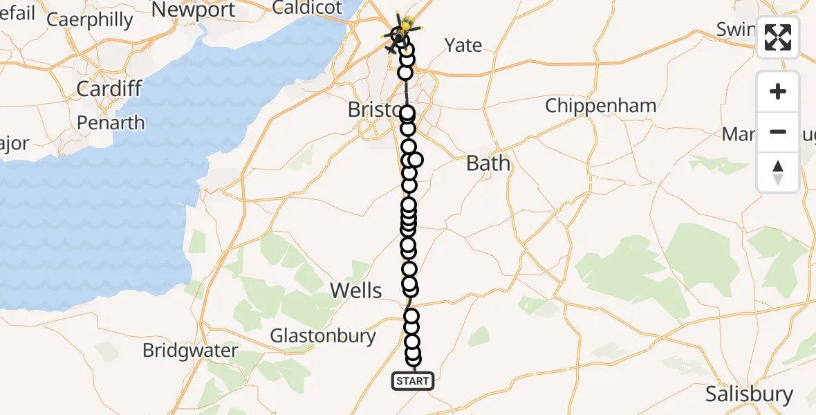 Flight path map showing Police Helicopter route from Castle Cary to Woodlands