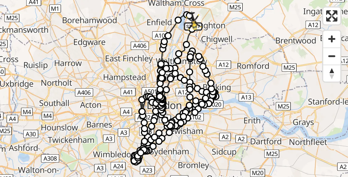 Flight path map showing Police Helicopter route from Sewardstonebury to Sewardstonebury