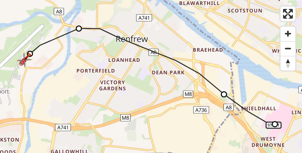 Flight path map showing Air Ambulance Helicopter route from Queen Elizabeth Hospital to Glasgow Airport