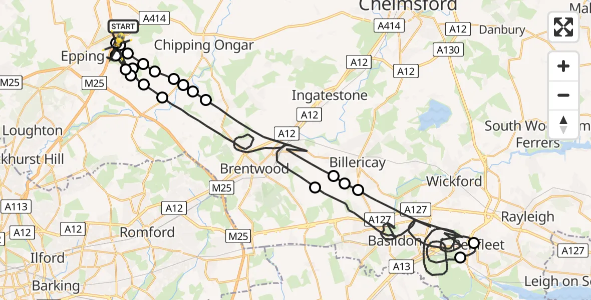 Flight path map showing Police Helicopter route from North Weald Airfield to Coopersale