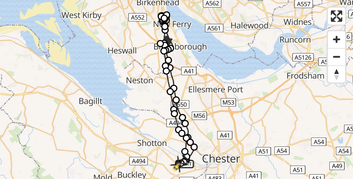Flight path map showing Police Helicopter route from Hawarden Airport to Sandycroft