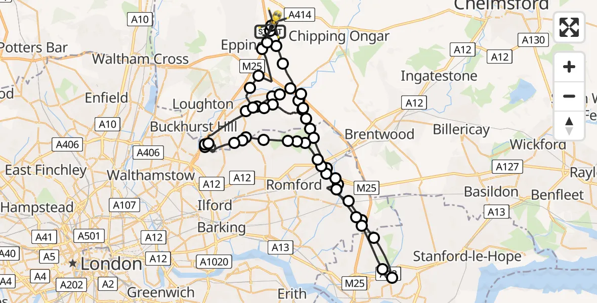 Flight path map showing Police Helicopter route from North Weald Airfield to North Weald Airfield