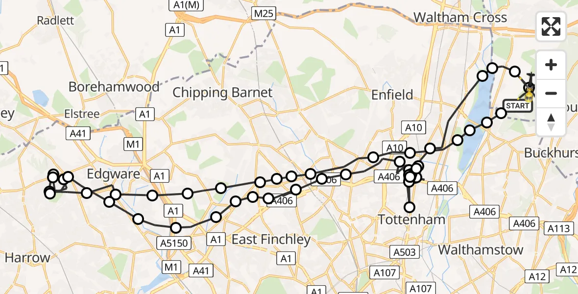 Flight path map showing Police Helicopter route from Chingford to Sewardstonebury