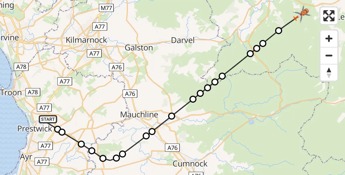 Flight path map showing Coastguard Helicopter route from Glasgow Prestwick Airport to Sandford