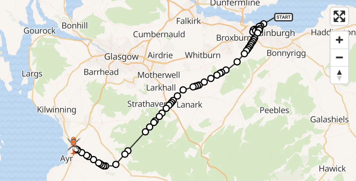 Flight path map showing Coastguard Helicopter route from North Sea to Glasgow Prestwick Airport