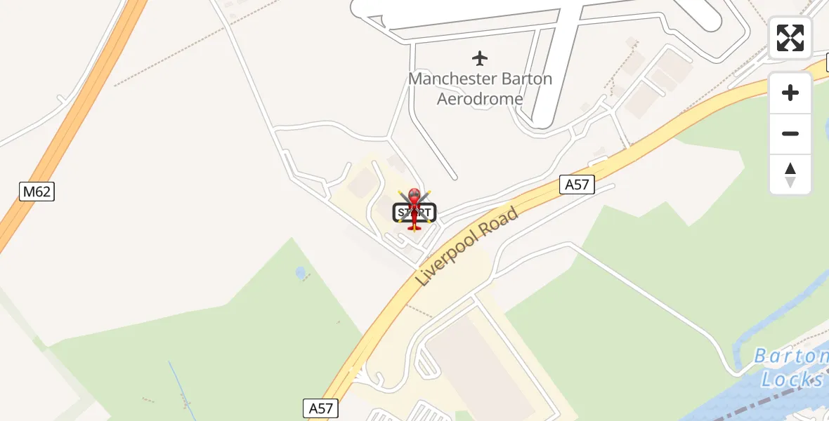 Flight path map showing Air Ambulance Helicopter route from Manchester Barton Aerodrome to Irlam