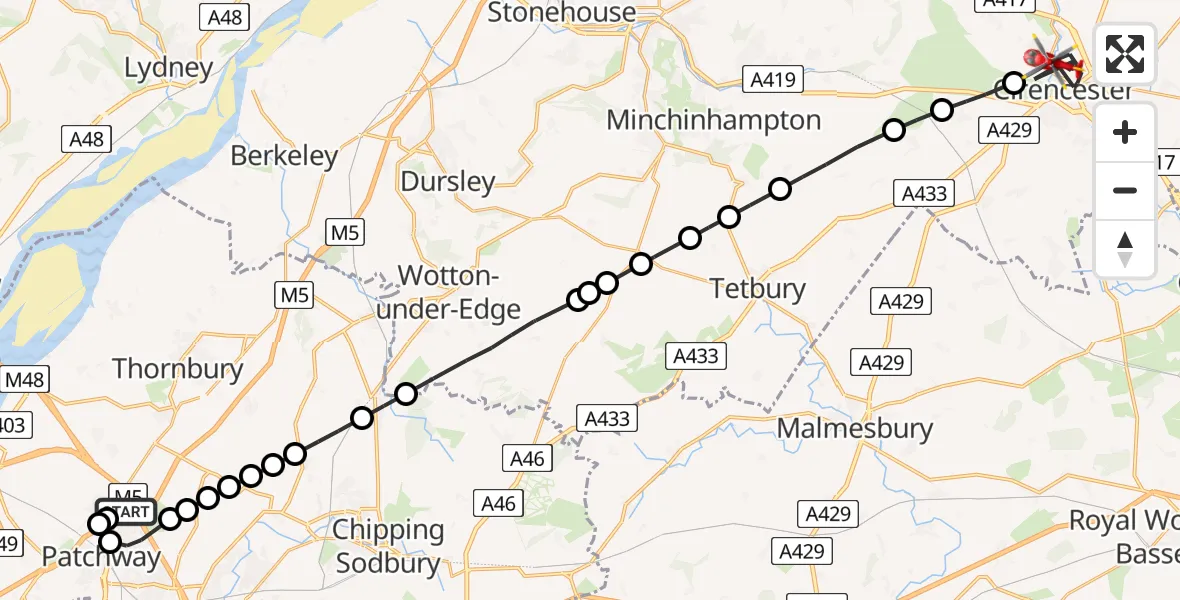 Flight path map showing Air Ambulance Helicopter route from Almondsbury Helicopter Base to Cirencester