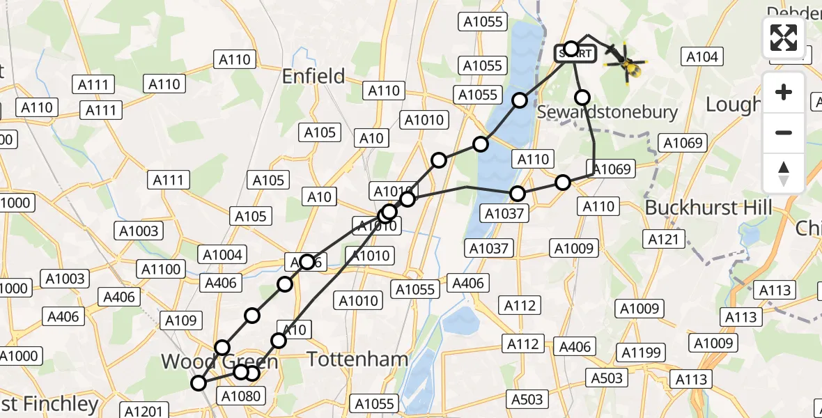 Flight path map showing Police Helicopter route from Sewardstonebury to Sewardstonebury