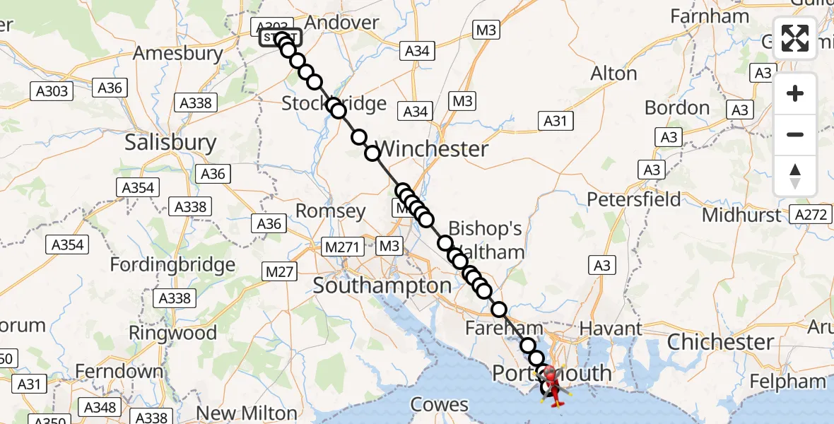 Flight path map showing Air Ambulance Helicopter route from Amport to Somers Town