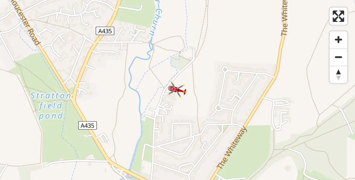 Flight path map showing Air Ambulance Helicopter route from Cirencester to Cirencester