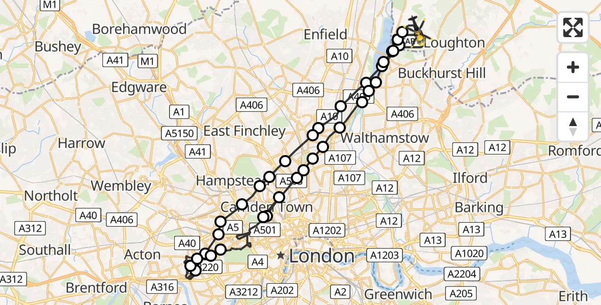 Flight path map showing Police Helicopter route from Chingford to Metropolitan Police Air Support Unit Lippitts Hill