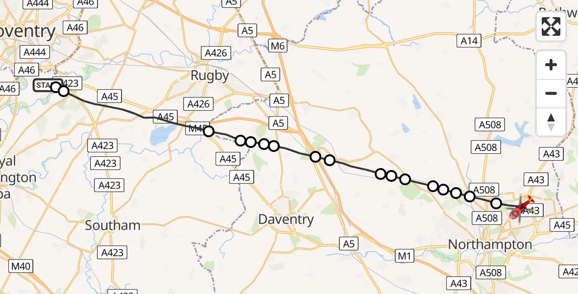 Flight path map showing Air Ambulance Helicopter route from Coventry Airport to Northampton