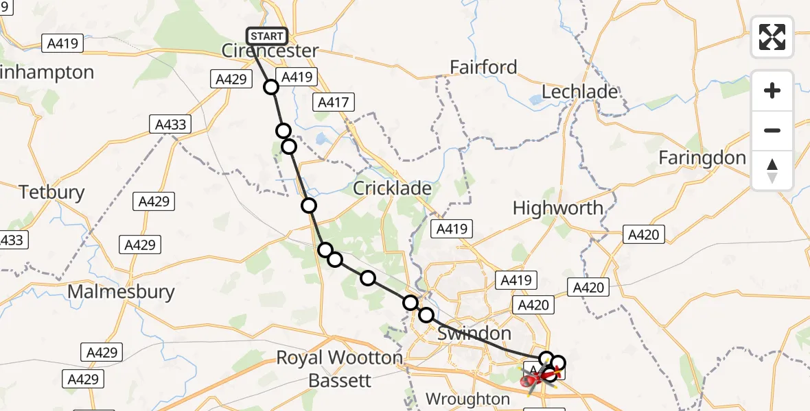 Flight path map showing Air Ambulance Helicopter route from Cirencester to Great Western Hospital
