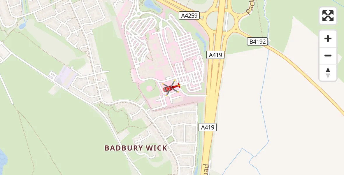 Flight path map showing Air Ambulance Helicopter route from Great Western Hospital to Great Western Hospital